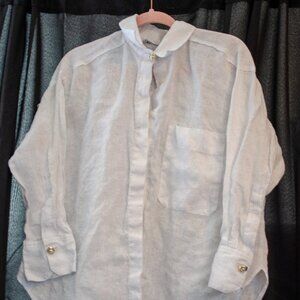 ZARA 100% Linen Pocket Shirt Blouse With Pearl Gold Button SWhite